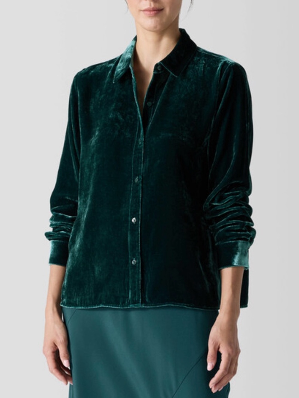 NWT Eileen Fisher Pine Green Velvet Silk Luxe Button Front Top